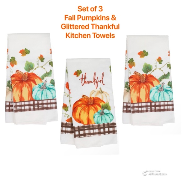 NWT-Set of 3- Cream, Blue & Orange Fall Pumpkins & Thankful Kitchen Towels 25x15 - Picture 17 of 17
